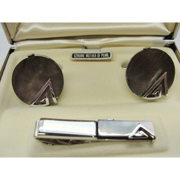 Vintage Swank MOP Round Set Silver Tone Cufflinks & Tie Clip Tux Shirt Suit - Picture 3 of 12
